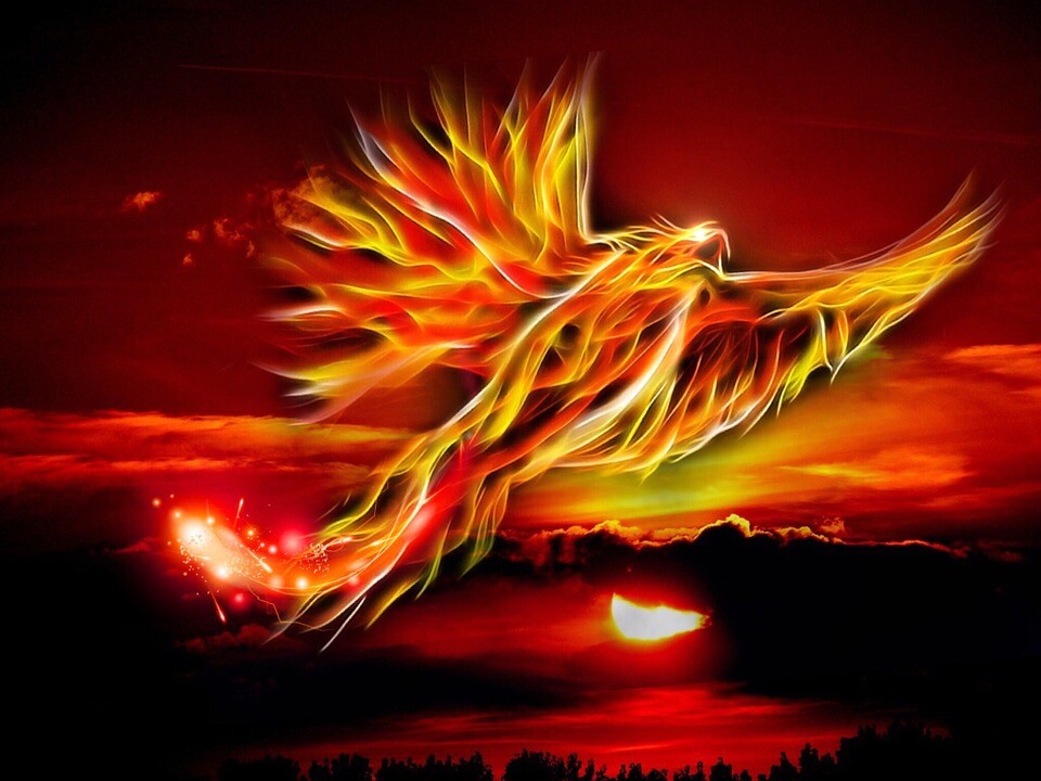 A phoenix reviving itself from death
