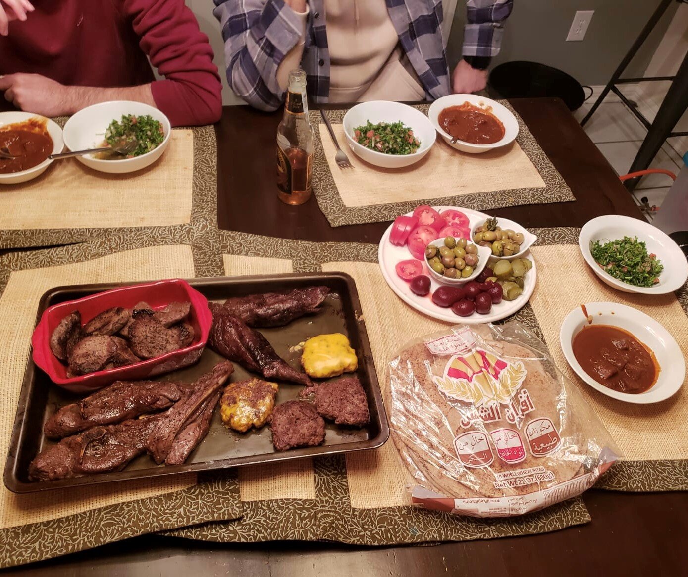 fresh elk, pickles, tabouleh, and squash soup