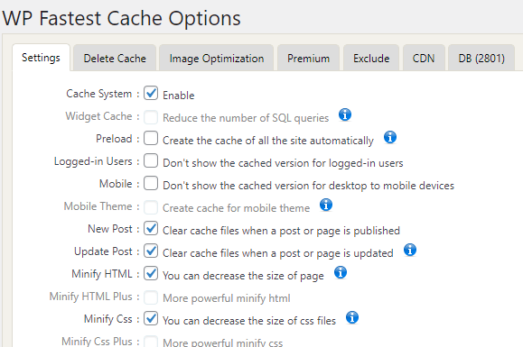 WP Fastest Cache control panel.