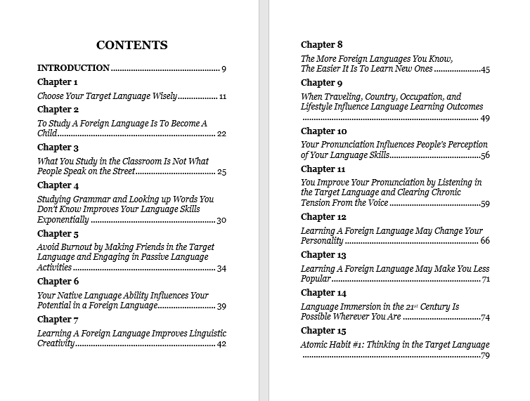 The Art of Learning a Foreign Language book table of contents