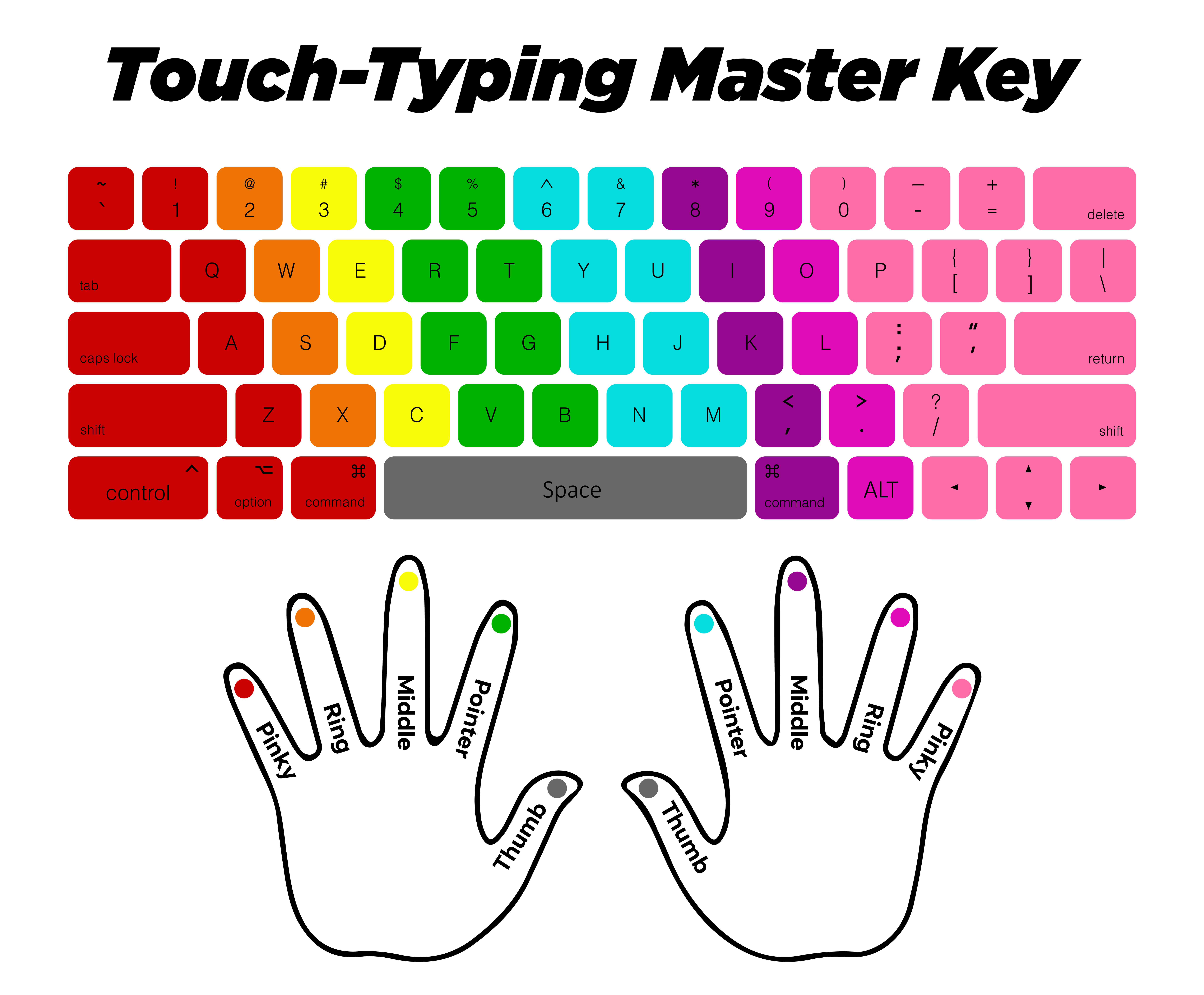 Touch typing master finger key color coded